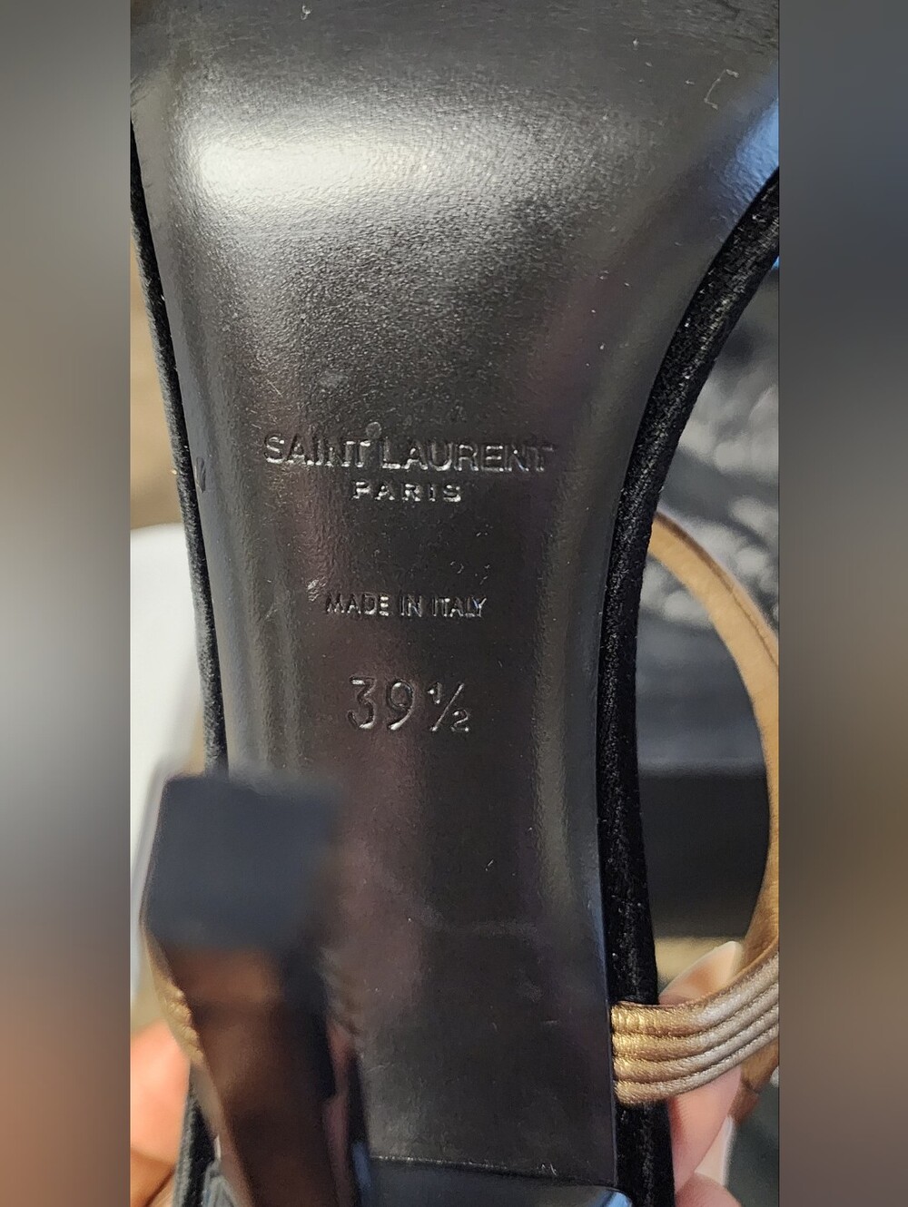Saint Laurent Paris Black and Metallic Gold Slingback Sandals - Picture 6 of 8